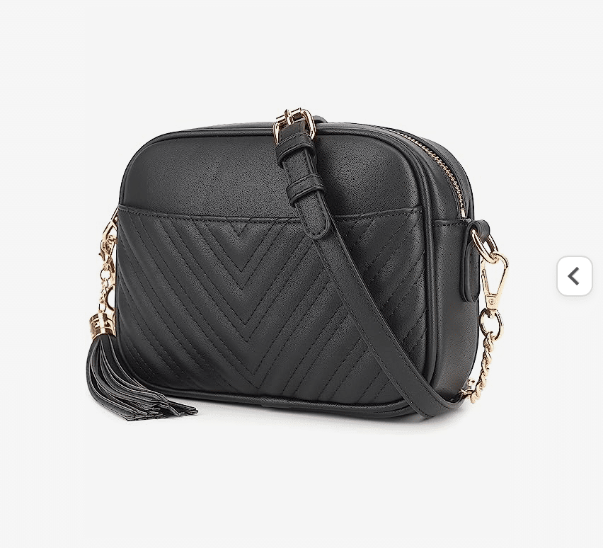 A black crossbody bag with rounded corners and chevron stripes.